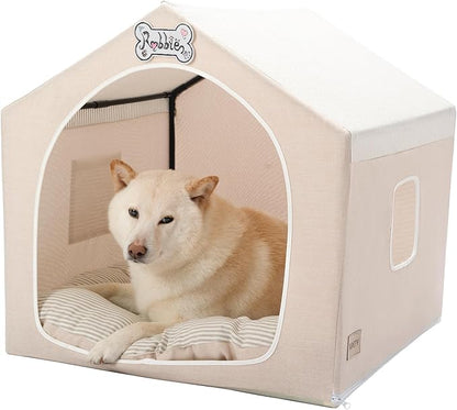 Indoor Dog House with Frame,Cute Dog Tent Bed with Cover Cave,Beige | Breathable,Washable,and Foldable House, Suitable for 22-40 Lb, Large (25"×25"×25"),Inside Dog House