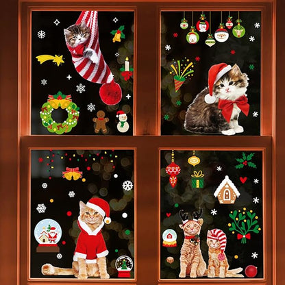 Christmas Window Clings Cat Stickers for Window Glass, 126 PCS 9 Sheets Xmas Decals Decorations Christmas Cat Tree Bells Decals for Holiday Party