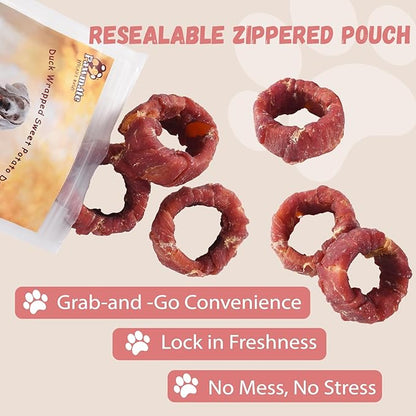 Dog Treats Duck Wrapped Sweet Potato Donuts Rings, Healthy Low Fat Dog Jerky Chews, High Protein Training Treats Snacks for Small Medium Large Breed, 10.6 oz