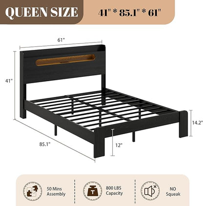 Wooden Queen Size Bed Frame with Storage Headboard, Farmhouse Platform Bedframe with Charging Station & Led Lights, Sturdy Wood Slat Framework, Easy Assembly (Rustic Black)