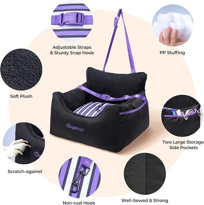 BurgeonNest Dog Car Seat for Small Dogs, Detachable and Washable Cat Carseats Under 25 lbs, Soft Pet Booster Seats with Storage Pockets and Clip-On Leash Portable Car Travel Carrier Bed, Black Purple