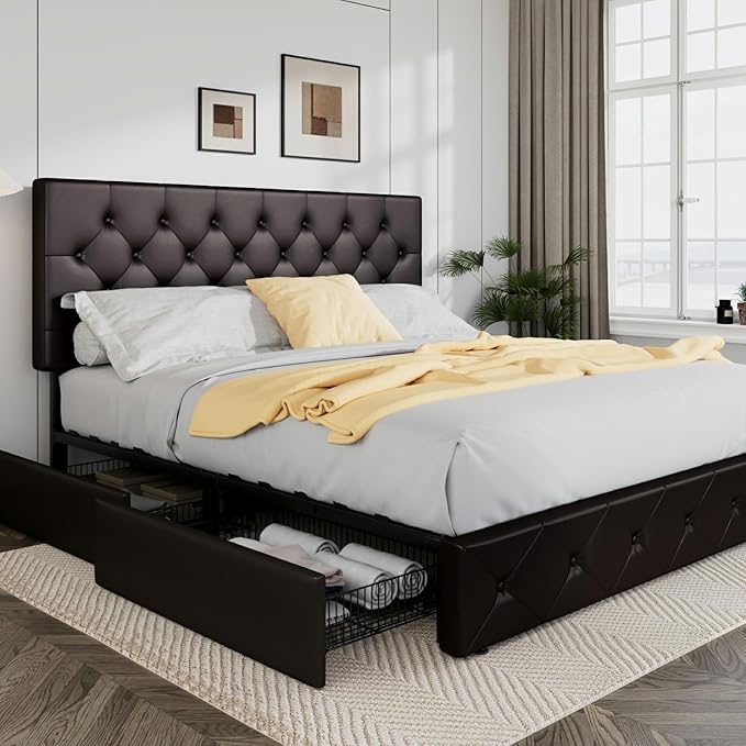 Allewie Upholstered King Size Platform Bed Frame with 4 Storage Drawers and Headboard, Diamond Stitched Button Tufted, Mattress Foundation with Wooden Slats Support, Black Brown