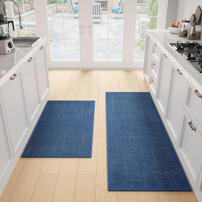 Kitchen Mat Set of 2 PCS, Cushioned Non Slip Rugs for Kitchen Floor, Absorbent Runner Comfort Standing Mats Washable for Kitchen, Office, Home (Dark Blue, 17.3"x47"+17.3"x30")