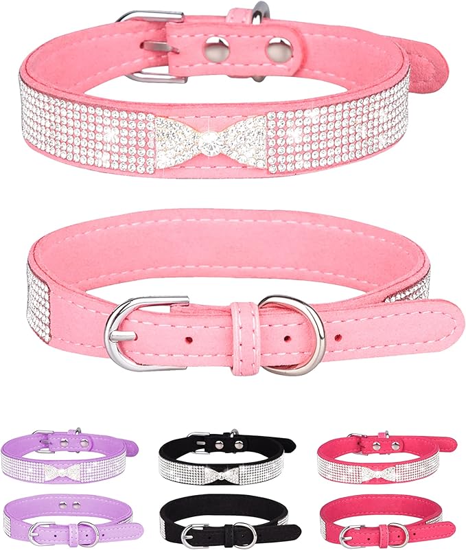 Bling Dog Collar for Small Medium Large Dogs, Crown Rhinestone Dog Collars for Girl and boy Dog, Diamond Puppy Collars, Adjustable Leather Suede SOFE Cat Collar (S(10.6"-13"/27CM-33CM), Pink2)