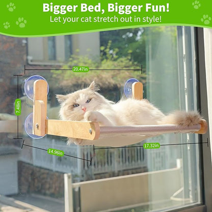 Cat Window Perch with Wooden Frame – Aloxina Foldable Cat Hammock Bed for Indoor Cats, Breathable Sandwich Mesh Cover, Strong Suction Cups, No Drilling, Supports Large Cats