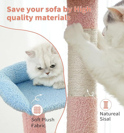 Made4Pets Cat Tree Tower 56" Cat Tower for Indoor Cats Kitten Tree Multi-Level Cat Tree with 2 Condo Furniture Activity Center with Scratching Posts Funny Toys (Pink Flower Blue)