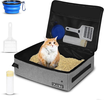 Petskd Portable Cat Travel Litter Box with Lid and 10 pcs Disposable Liner Bags, Leak-Proof and Collapsible, Cat Travel Essentials for Car, Hotel, Airplane and Other Outdoor Use(Grey)