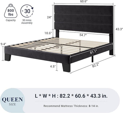 Allewie Queen Size Platform Bed Frame with Velvet Upholstered Headboard and Wooden Slats Support, Fully Upholstered Mattress Foundation/No Box Spring Needed/Easy Assembly, Black