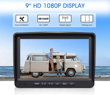 9" Wireless Backup Camera System for RV Truck Trailer Camper, 9 Inch DVR Quad Split Monitor IP69 Waterproof HD 1080P Wireless Rear Side View Cameras, Stable Signal Observation System - B904