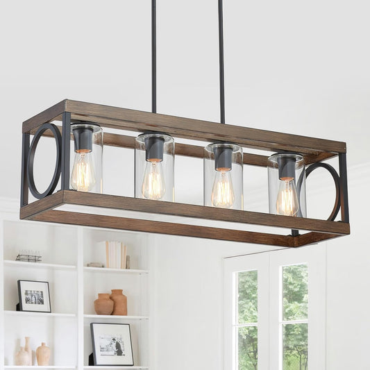 XINGQI Rectangle Chandeliers 31.5" Farmhouse Kitchen Island Lighting Fixture Over Table Modern Vintage Linear Hanging 4-Light for Dining Room Living Room Black Wood Grain Finish with Glass Lampshade