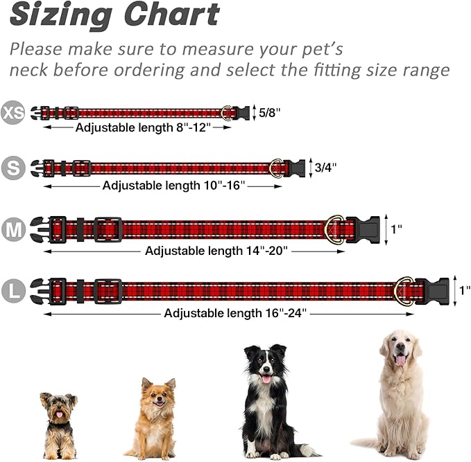 Reflective Dog Collar for Medium Dogs, Cute Boho Adjustable Heavy-Duty Nylon Puppy Collar for Boy and Girl Female, Soft Pet Accessories with Quick Release Buckle, Black Red Tartan