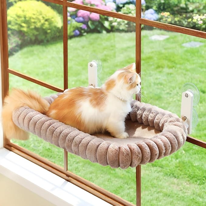 Zakkart SnugCloud Foldable Cat Window Perch - Cordless, Ultra Soft Machine Washable Bed with 4-Sided Bolster, Metal Frame - Window Hammock for Large Cats and Kittens (Brown, Medium)