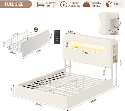 HOSTACK Full LED Bed Frame with Storage Headboard and Charging Station, Kids Bed Frame with 4 Drawers and USB Ports, Velvet Upholstered Platform Bed Frame with Bookcase, No Box Spring Needed, Cream