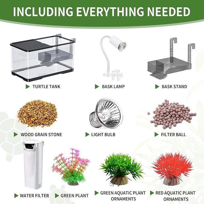 (Tank + Light + Filter + Filter Balls) Turtle Tank Kit, Turtle Tank Starter Kit,Bottom Drainage, Multi-Function Areas for Turtles, Crabs,Fishes, Amphibians,Reptiles. (15.75 x 8.64 x 8.64 Inch)