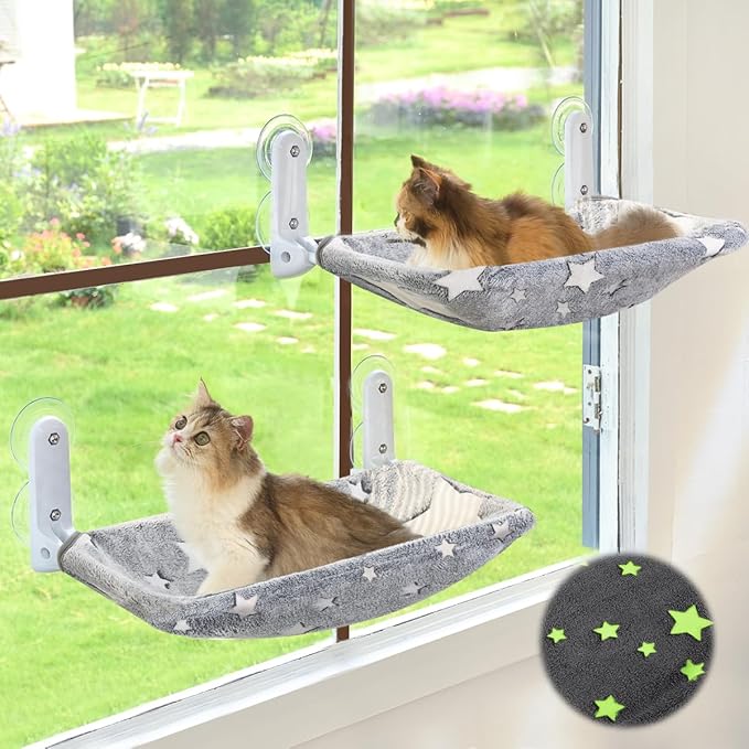 2PC Cat Window Perch, Glow in The Dark Cordless Foldable Pet Hammock Bed for Window with Sturdy Metal Frame, Glowing Stars Pattern Resting Seat for Indoor Cats (2PC Stars - M)