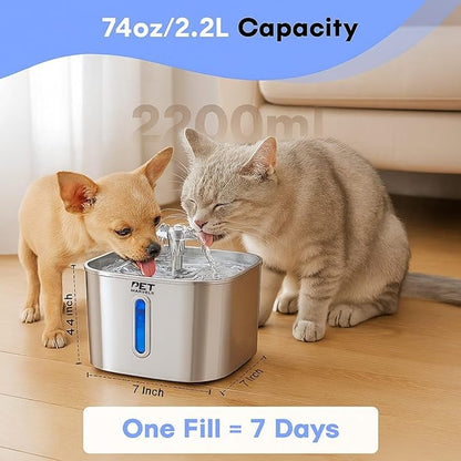 Stainless Steel Cat Water Fountain – 2.2L/74oz Ultra-Quiet Pump, Visible Water Level, Dual Flow Modes – Automatic Pet Water Dispenser for Cats & Small Dogs
