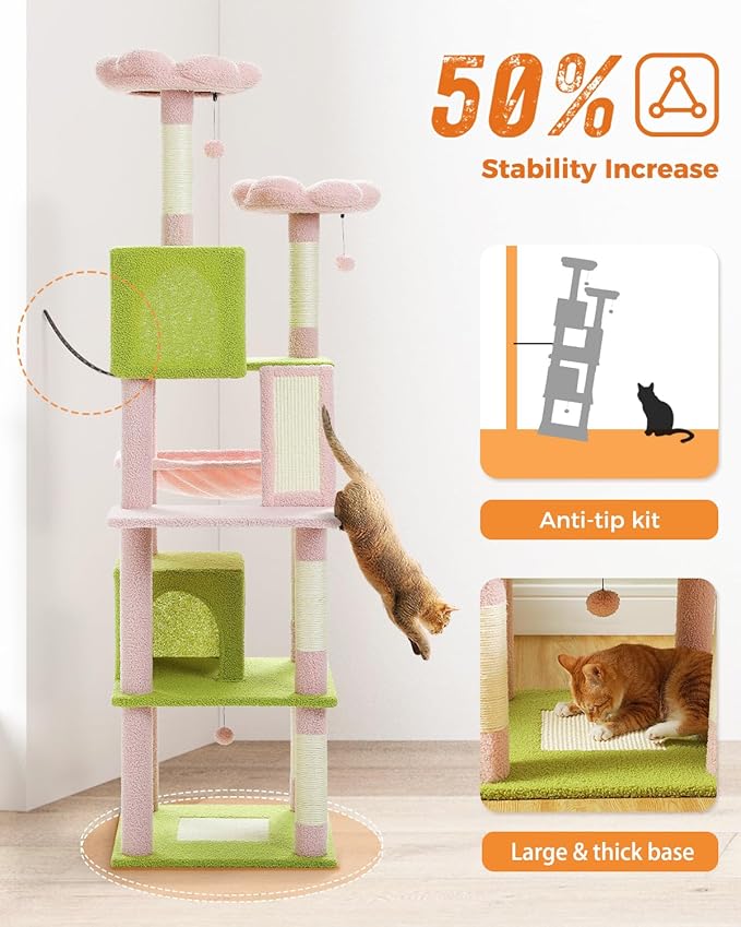 MUTTROS Flower Cat Tree, 70.9-inch Tall Cat Tower in Blossom Pink with 2 Condos & Large Hammock, Whimsical Cat Activity Center with Pom Poms for Indoor Cats