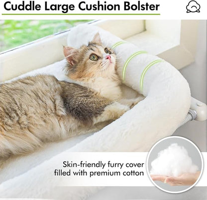 Cat Window Sill Perch with Large Bolster, Easy to Adjust & Assemble Cat Window Seat for Windowsill & Bedside, Pet Hammock Bed for Large Cats and Kittens (White, M)