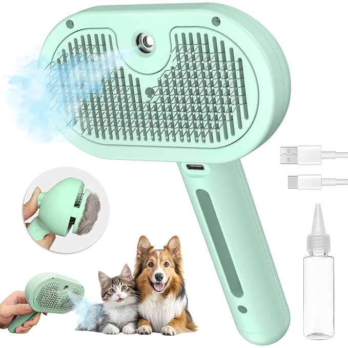 Cat Steam Brush for Shedding, 3 In 1 Steam Pet Brush Self Cleaning, Dog Brush for Long and Short Hair Dogs and Cats, Pet Grooming Comb Remove Tangled Loose Hair, Type-C Fast Charging (Green)