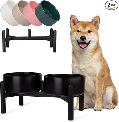 Raised Ceramic Dog Bowl Set with Stand, 3.5 Cups Elevated Dog Food Stand | 6.1'' Double Dog Food and Water Bowl Set, Non-Slip Dog Feeding Dishes for Small to Medium Breeds, 29.57 OZ, Black
