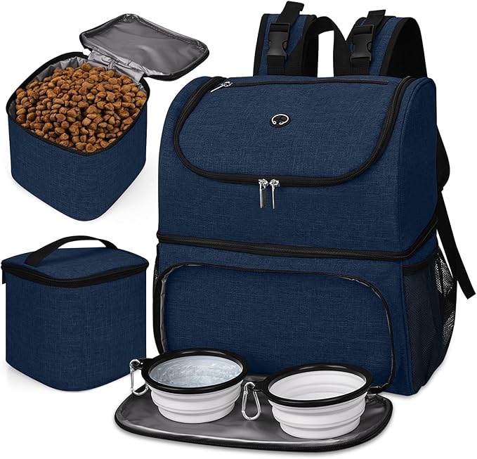 BAGLHER Pet Travel Bag, Double-Layer Pet Supplies Backpack (for All Pet Travel Supplies), Pet Travel Backpack with 2 Silicone Collapsible Bowls and 2 Food Baskets Dark Blue