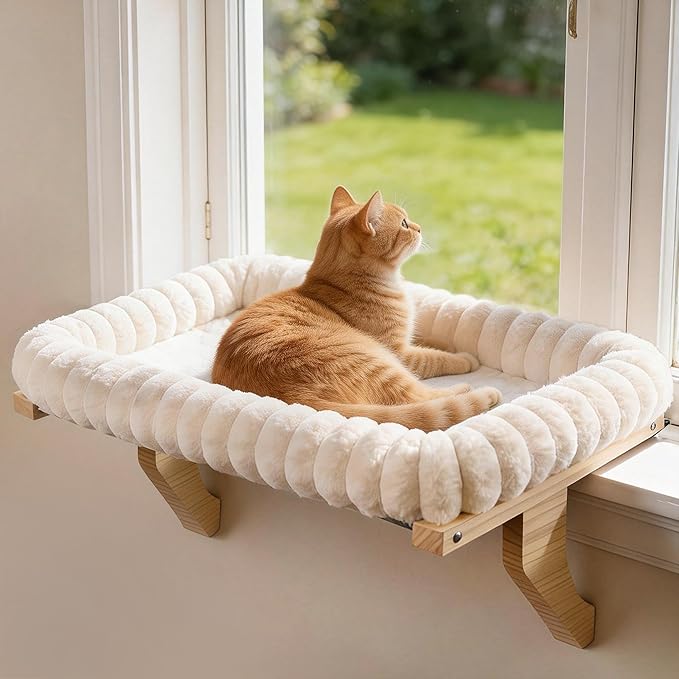 Cloud-Cuddle Cat Perch for Window Sill with Bolster, Natural Wood & Metal Frame Cat Window Seat for Large Cats, Easy to Adjust Zipper Cushion Pet Bed for Windowsill (Large)