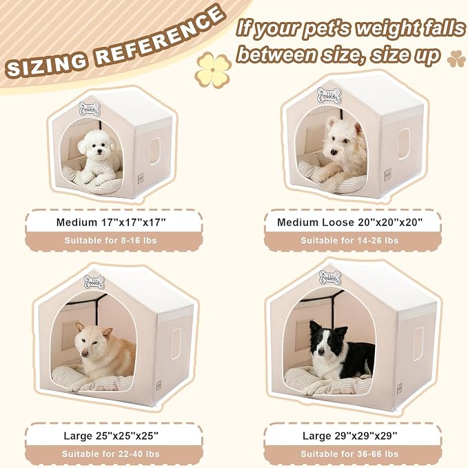 Indoor Dog House with Frame,Cute Dog Tent Bed with Cover Cave,Beige | Breathable,Washable,and Foldable House, Suitable for 22-40 Lb, Large (25"×25"×25"),Inside Dog House