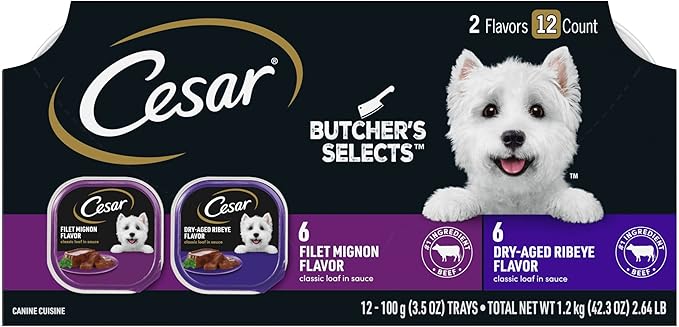 Cesar Wet Dog Food Classic Loaf in Sauce Butcher's Selects Variety Pack, Dry-Aged Ribeye Flavor and Filet Mignon Flavor, 3.5 oz. Trays (12 Count, Pack of 1)