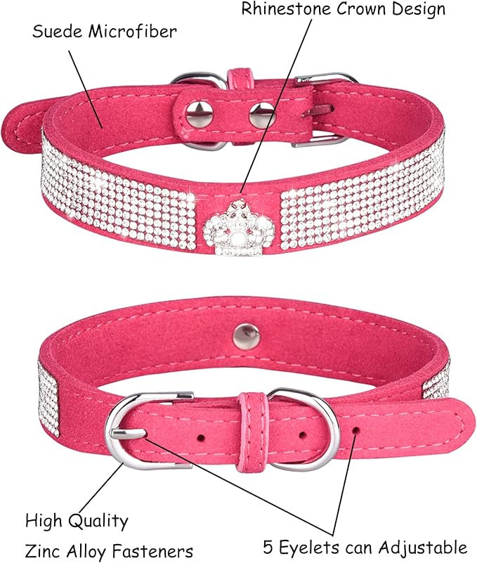 Bling Dog Collar for Small Medium Large Dogs, Crown Rhinestone Dog Collars for Girl and boy Dog, Diamond Puppy Collars, Adjustable Leather Suede SOFE Cat Collar (L(15"-18.1"/38CM-46CM), Rose Red)