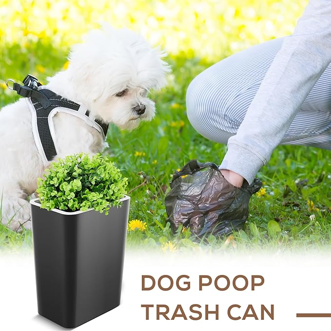 Jingmore Dog Poop Trash Can Outside 2.64 Gal/10 L Plant Styled Dog Waste Trash Can with Lid 50 Pcs Plastic Waste Bags Outdoor Indoor Poop Container Slim Garbage Bin for Yard Garden Pet (Black)