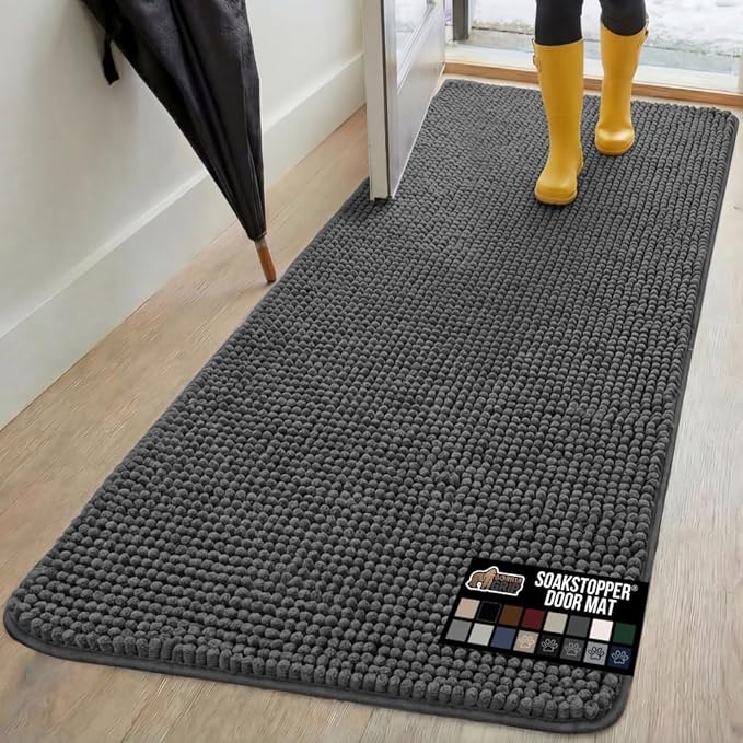 GORILLA GRIP SoakSTOPPER Dog Door Mat, 70x24 Machine Washable Rug Absorbent Doormat Captures Moisture Mud Dirt, Quick Dry Soft Chenille Entryway Rugs Indoor Entrance Mats for Dog Paws, Charcoal