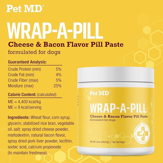 Pet MD Wrap A Pill Cheese & Bacon Flavor Pill Paste for Dogs - Make a Pocket or Pouch to Hide Pills & Medication - 8 oz