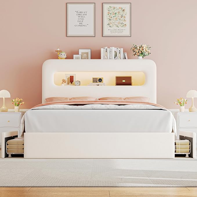 HOSTACK Queen LED Bed Frame with Storage Headboard and Charging Station, Kids Bed Frame with 4 Drawers and USB Ports, Velvet Upholstered Platform Bed Frame with Bookcase, No Box Spring Needed, Cream