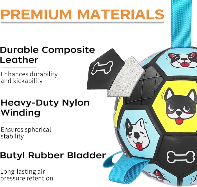 7" Dog Toy Soccer Ball with Straps, Herding Ball for Dogs, Outdoor Interactive Dog Toy, Dog Fetch Toy, Ideal for Medium & Large Dogs, Great Puppy Birthday Gifts