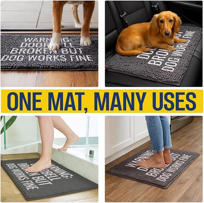 Muddy Mat® Absorbent Microfiber Door Mat and Pet Rug, Non Slip Washable Chenille Indoor Outdoor Rug - Warning Doorbell Broken But Dog Works Fine Funny Dog Welcome Mat 19"x30"