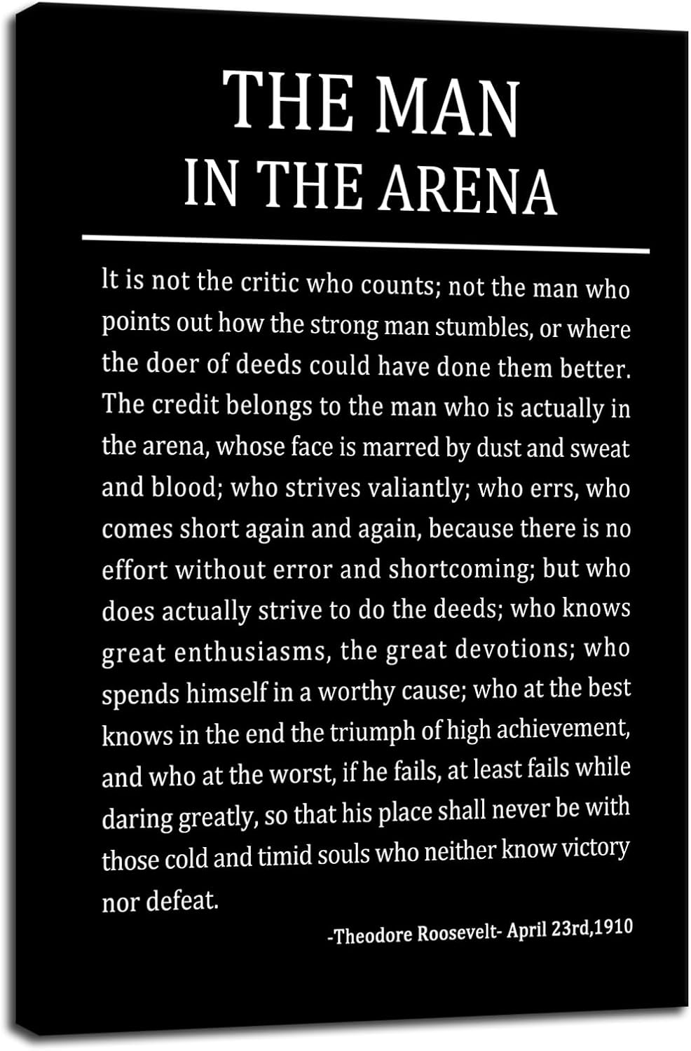 The Man In The Arena Inspirational Canvas Wall Art Motivational Poster Theodore Roosevelt Quotes Canvas Prints Artwork for Living Room Office Home Decor Painting Stretched and Framed [12''Wx 18''H]