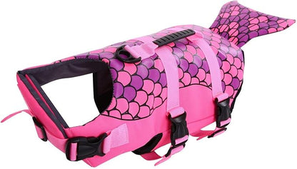 Dog Life Jacket Ripstop Shark Dog Safety Vest Adjustable Preserver with High Buoyancy and Durable Rescue Handle for Small,Medium,Large Dogs, Pink Fish Large