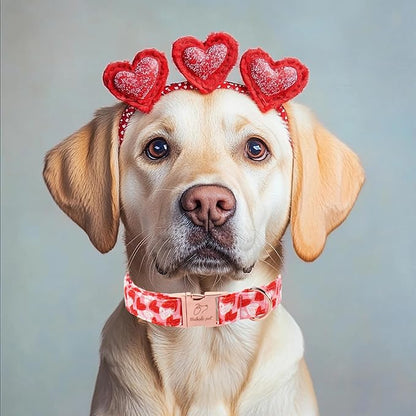 Valentines Dog Collar, Cute Pink Valentine Dog Collars, Doodle Heart Pattern, Adjustable Heavy Duty Pet Collar for Small Medium Large Dogs with Metal Buckle L