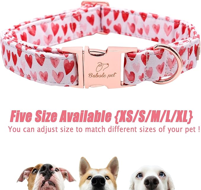 Valentines Dog Collar, White Red Heart Valentine Pet Collar with Metal Buckel, Durable Adjustable Holiday Dog Collars for Small Medium Large Dogs XL
