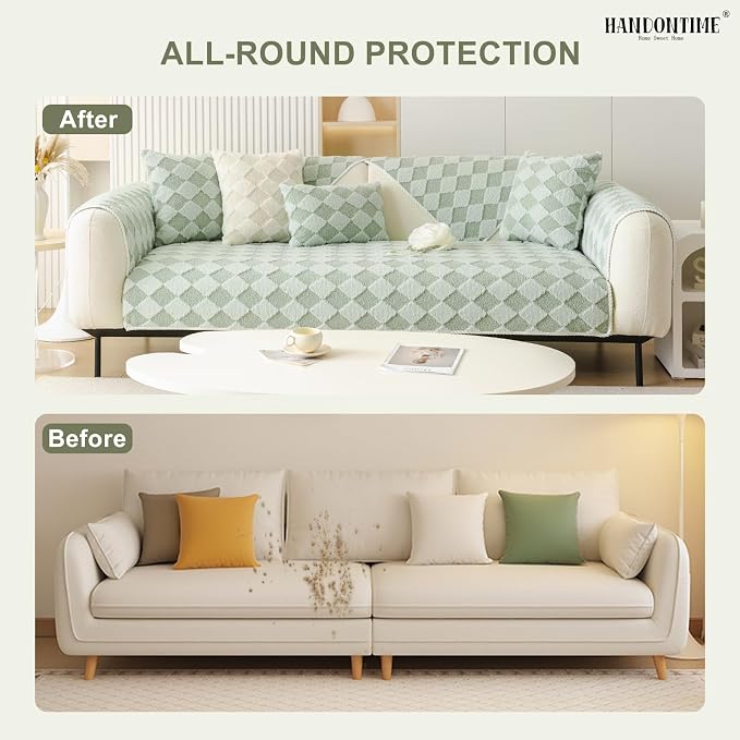 HANDONTIME Non-Slip Pet Couch Cover Washable, Plush Faux Fur Couch Protector for Cushion Pet-Friendly Sofa Covers for Dogs, Checkered Diamond Sectional Covers Dog Mat for Sofa (Green, 35.6" x 82.7")