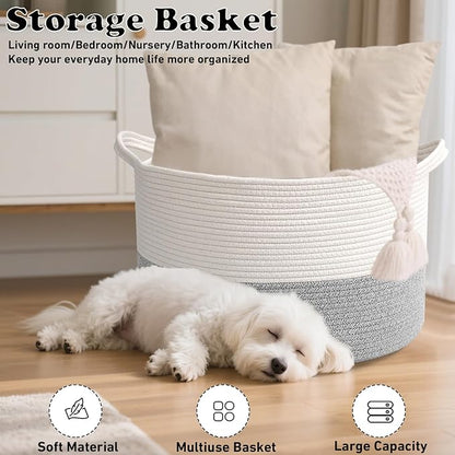 65L Large Blanket Basket,19.7" L x 19.7" W x 13" H Rope Woven Baskets with Handles, Toys Storage Bins,Laundry Basket Perfect for Living Room, Nursery,Bedroom,Home Organization,White&Grey