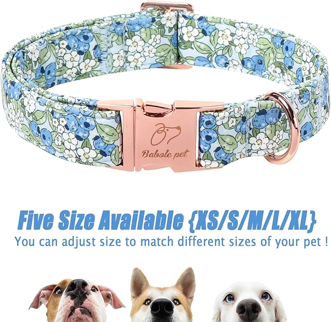Blueberry Garden Dog Collar, Spring/Summer Cottagecore Floral Dog Collars, Adjustable Heavy Duty Girl Dogs Collar for Small Medium Large Dogs with Metal Buckle XL