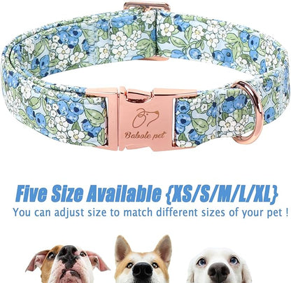 Blueberry Garden Dog Collar, Spring/Summer Cottagecore Floral Dog Collars, Adjustable Heavy Duty Girl Dogs Collar for Small Medium Large Dogs with Metal Buckle XL