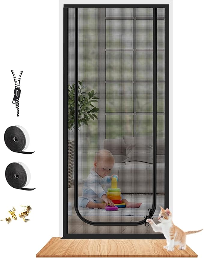 Dixutzi Reinforced Cat Screen Door Fits Door Size 34''x 82'', Heavy Duty Pets Proof Screen Door with Zipper, Prevent Dogs Cats Running Out from Home (Black)