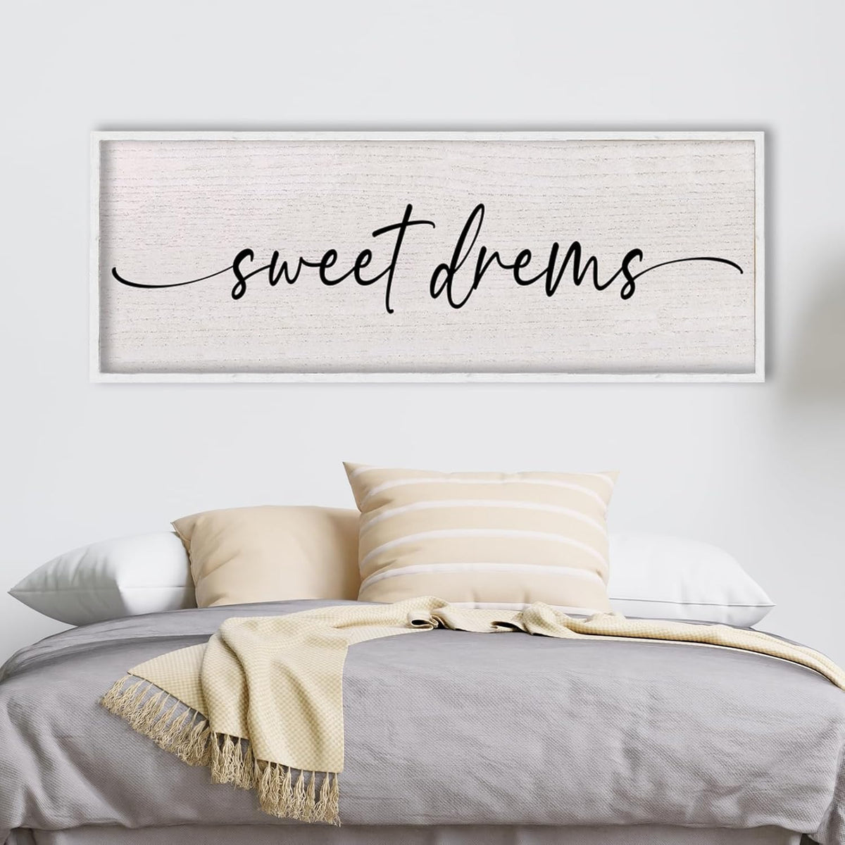 LuZhiQiang Sweet Dreams Sign Wall Decor Above Over Bed 40" x 15" Large Wood Framed for Guest Room Master Bedroom Hanging Wall Art (White)
