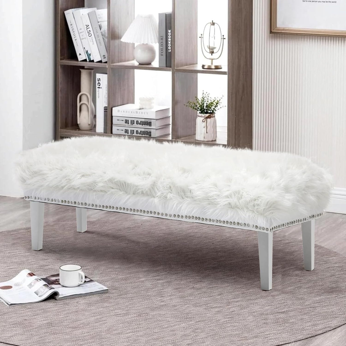 46 Inch White Bedroom Bench, Modern Multi-Purpose Bench with Wooden Legs, White Faux Fur Upholstered Bench for Bedroom, Living Room, or Entryway