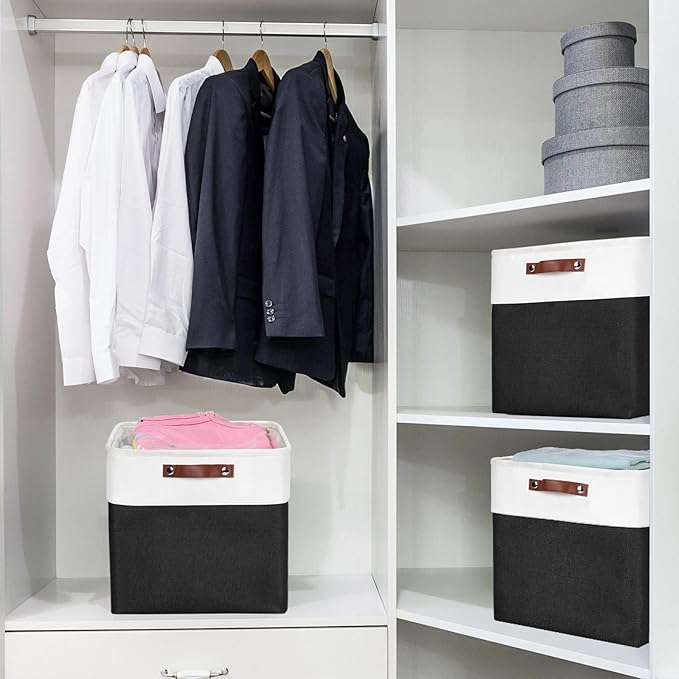 13x13 Cube Storage Bins, Collapsible Fabric Storage Box, 4 Pack Closet Baskets with Handles for Organizing, Shelf, Toys, Clothes, Home, Office, Nursery (Black&White)