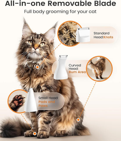 oneisall Cat Grooming Kit, 3 in 1 Quiet Cat Clippers for Thick Matted Paw Hair Trimmer, Heavy Coat Butt Shaver Cordless Pet Clippers Fur Trimmer for Dogs and Other Small Animals at Home Travel