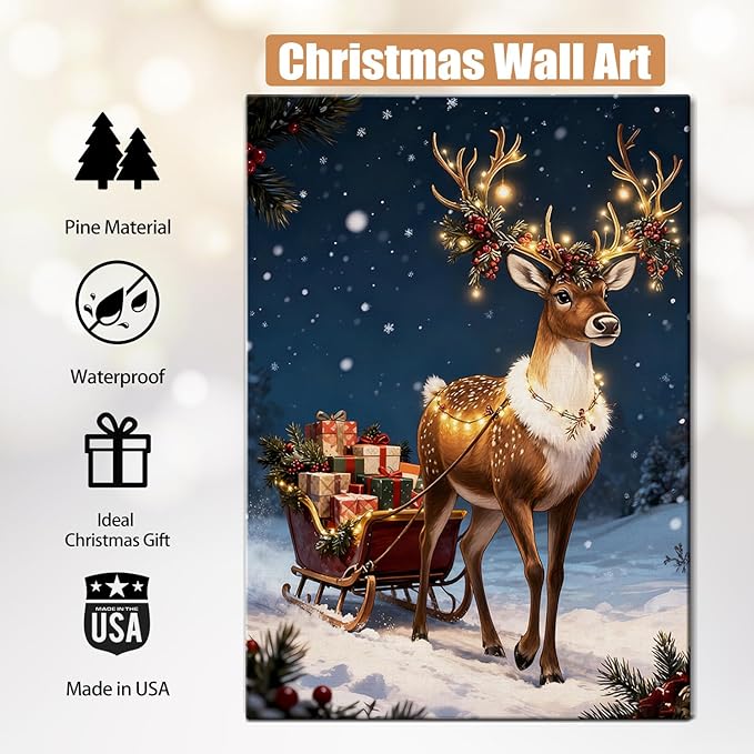 AbcCustomize Vintage Reindeer & Gift Boxes Christmas Wall Art - Snowy Holiday Scene Canvas Print with Festive Lights, Rustic Winter Decor for Room, Perfect Christmas Gifts & Holiday Decorations