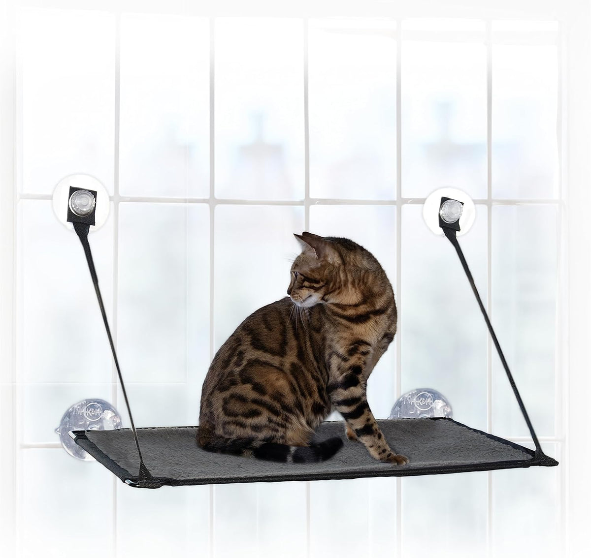K&H Pet Products EZ Mount Cat Window Perch for Large Cats, Sturdy Kitty Sill Window Hammock Bed, Steel Frame, Sturdy Suction Cups, Washable Shelf Cover, Foldable - Fits 27"W X 23"H Glass Spaces